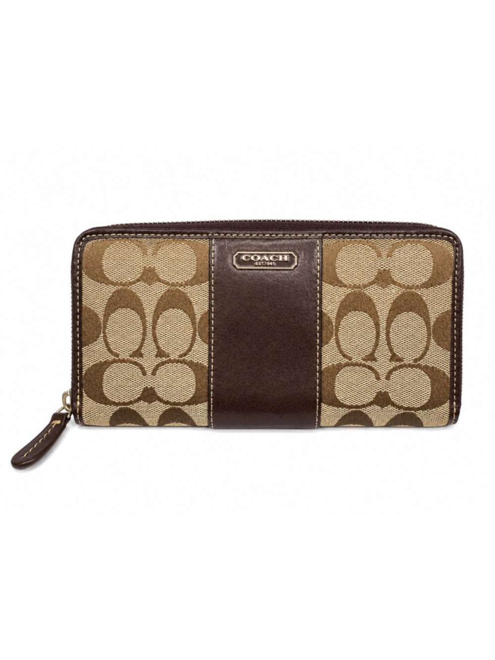 Coach Signature Canvas Zip Around Wallet Brown Leather Trim Lavender Interior